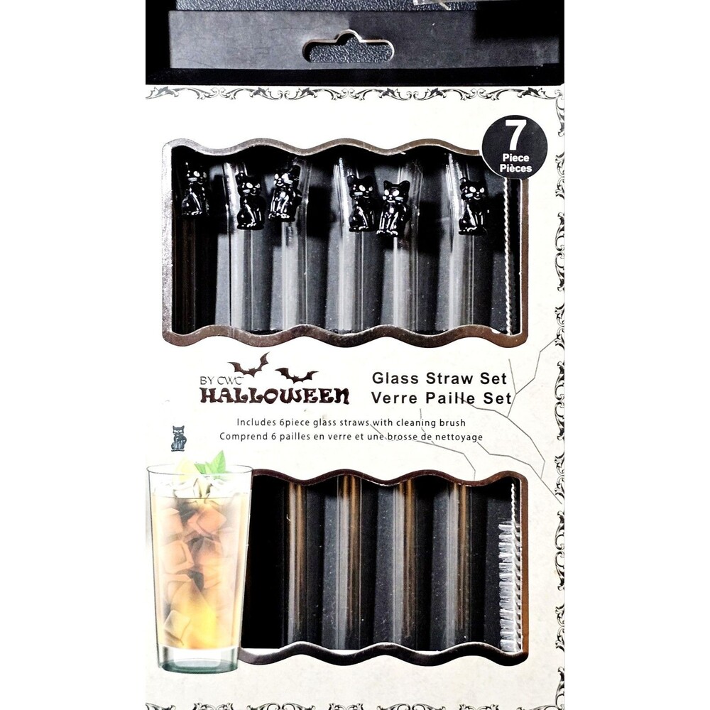 Halloween Black Cat Glass Straw Set 6 Straws Cleaning Brush Toppers CWC NEW!